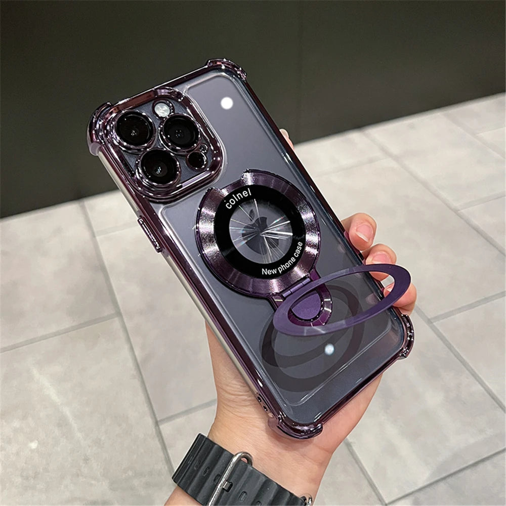 Luxury Plating Shockproof Magnetic Bracket For Magsafe Clear Case For iPhone 15 16 14 13 12 17 Pro Max With Holder Stand Cover