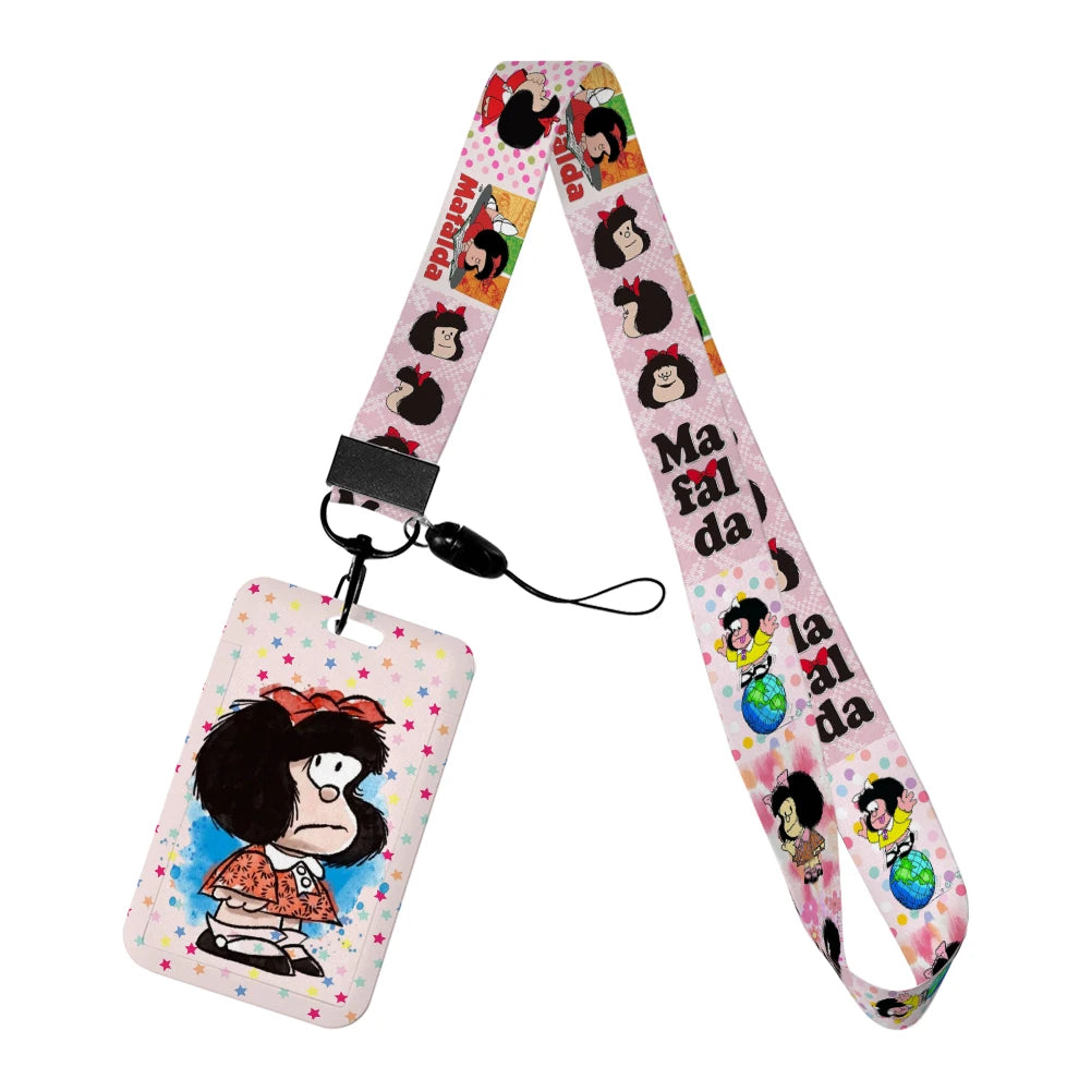 Cartoon Cute Mafalda Card Holder & Keychain for Girls | Student Badge Holder, Phone Strap, and Lanyard Pendant