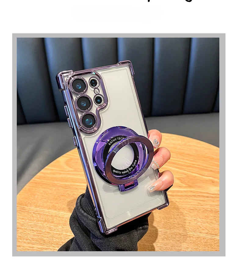 Luxury Magnetic Plating Stand Shockproof Clear Case For Samsung Galaxy S25 S24 Ultra  Acrylic Back Cover