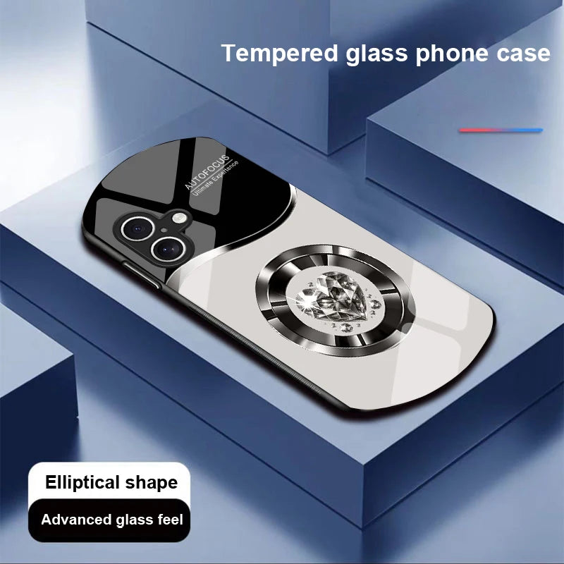 Circle Diamond For Apple IPhone 16 11 13 15 14 Pro Max 12  Elliptical Shaped Tempered Glass Phone Case
