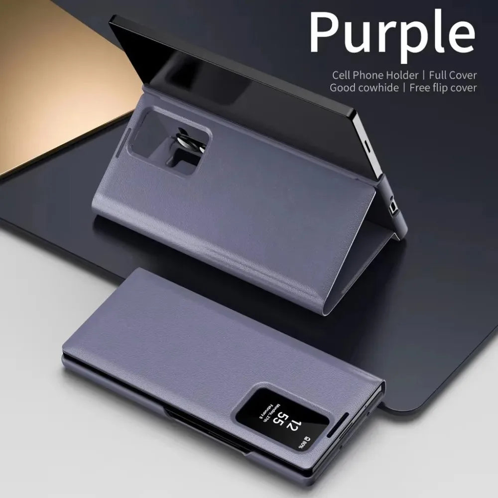 Minimalist Leather Wallet Card Holder Case for Samsung Galaxy S22 S23 S24 S25 Plus Ultra | Smart Clear View Flip Cover