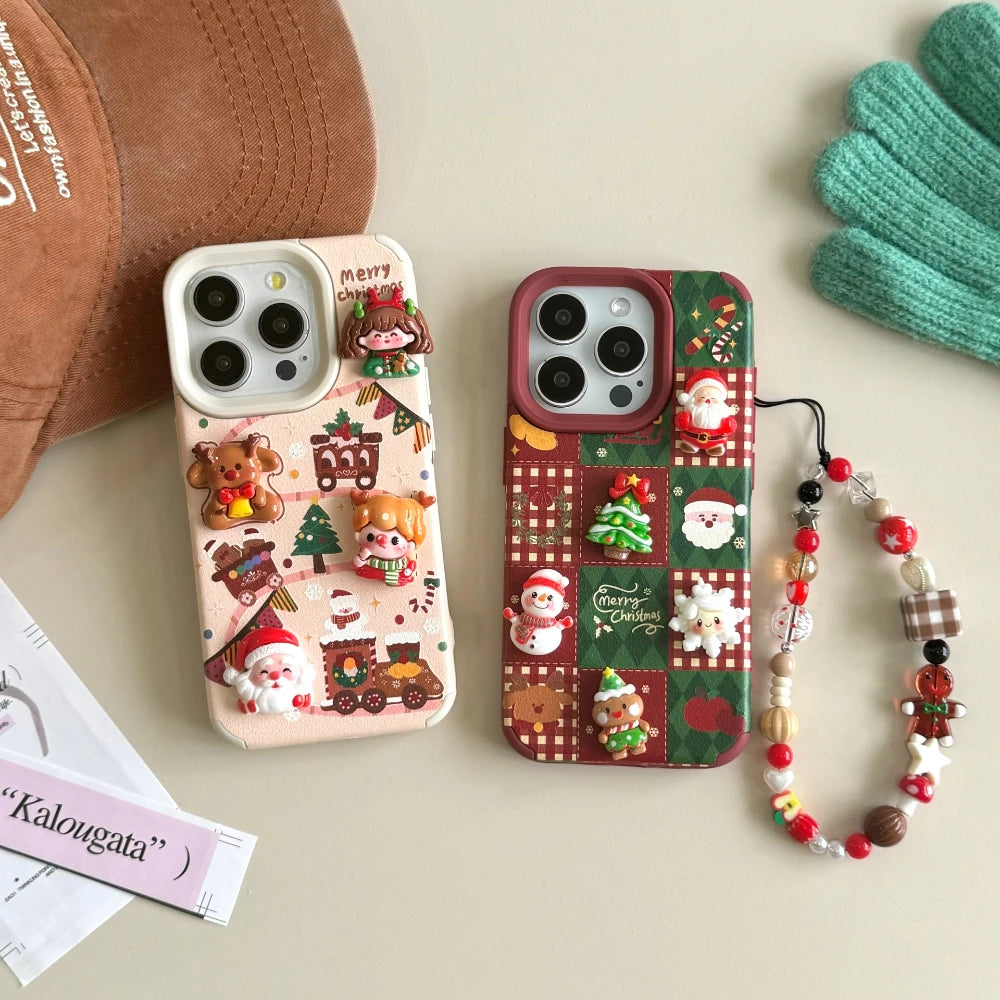 3D Christmas Elk & Santa Claus Phone Case with Lanyard for iPhone 11–17 Series | Soft Holiday Cover