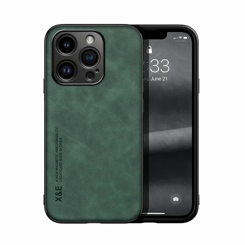 Luxury Leather Case For iPhone 16 16e 15 14 13 12 11 Pro Max Plus 12 13 Cover With Metal Plate Support Car Hold