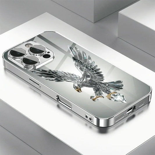 Light Luxury Crystal Eagle Pattern Glass Electroplated Phone Case For iPhone 11 12 13 14 15 16 17 Pro Max Plus 16E 17 Air Cover