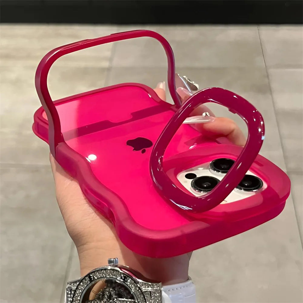 2IN1 Folding Stand Wave Clear Phone Case For iPhone 17 16 15 11 12 13 14 Pro Max Fashion 3D Curly Shockproof Protective Cover