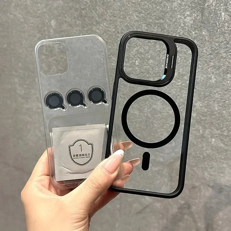 Luxury Magnetic Shockproof Phone Case For iPhone 16 15 17 Pro Max Stand Glass Lens Protector Cover