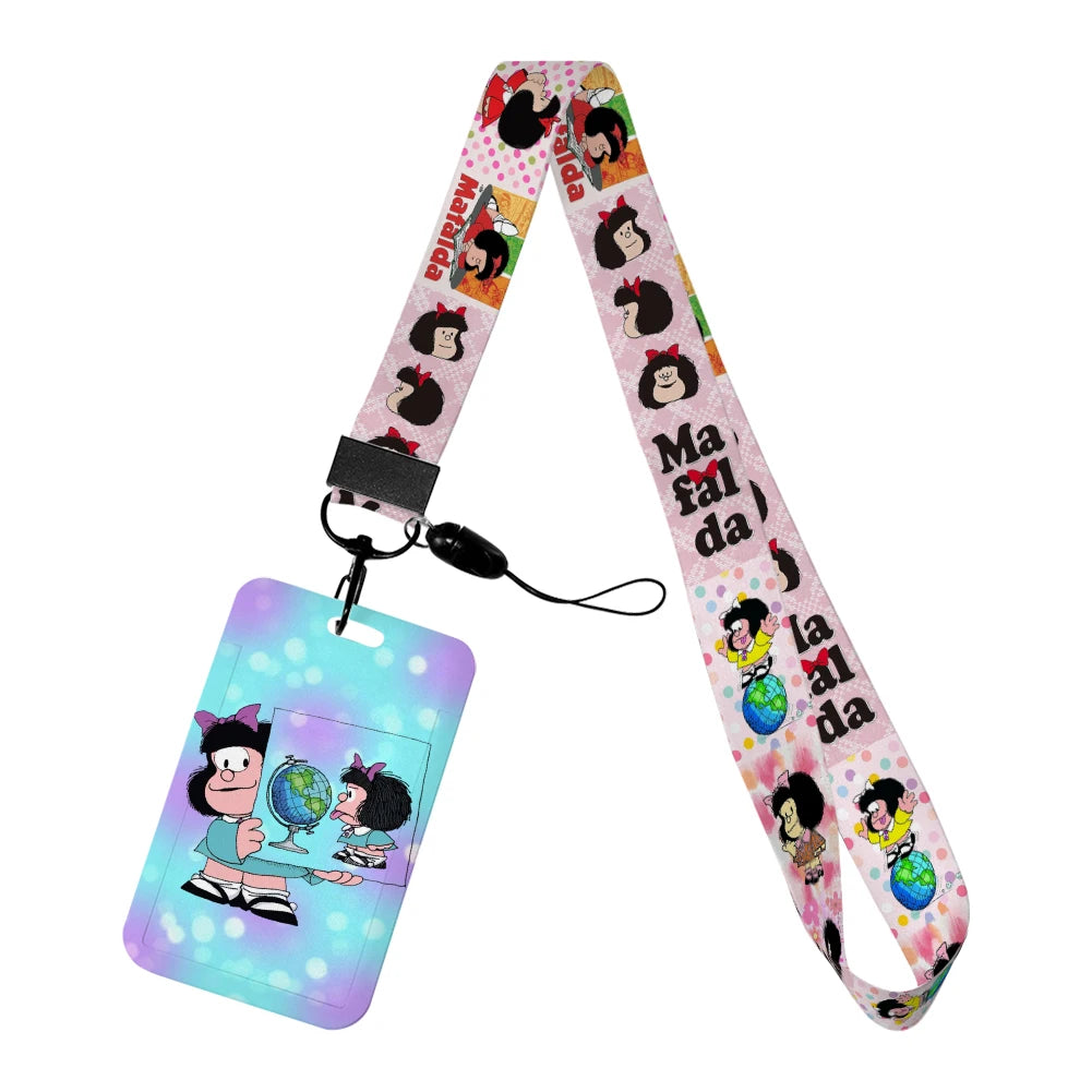 Cartoon Cute Mafalda Card Holder & Keychain for Girls | Student Badge Holder, Phone Strap, and Lanyard Pendant