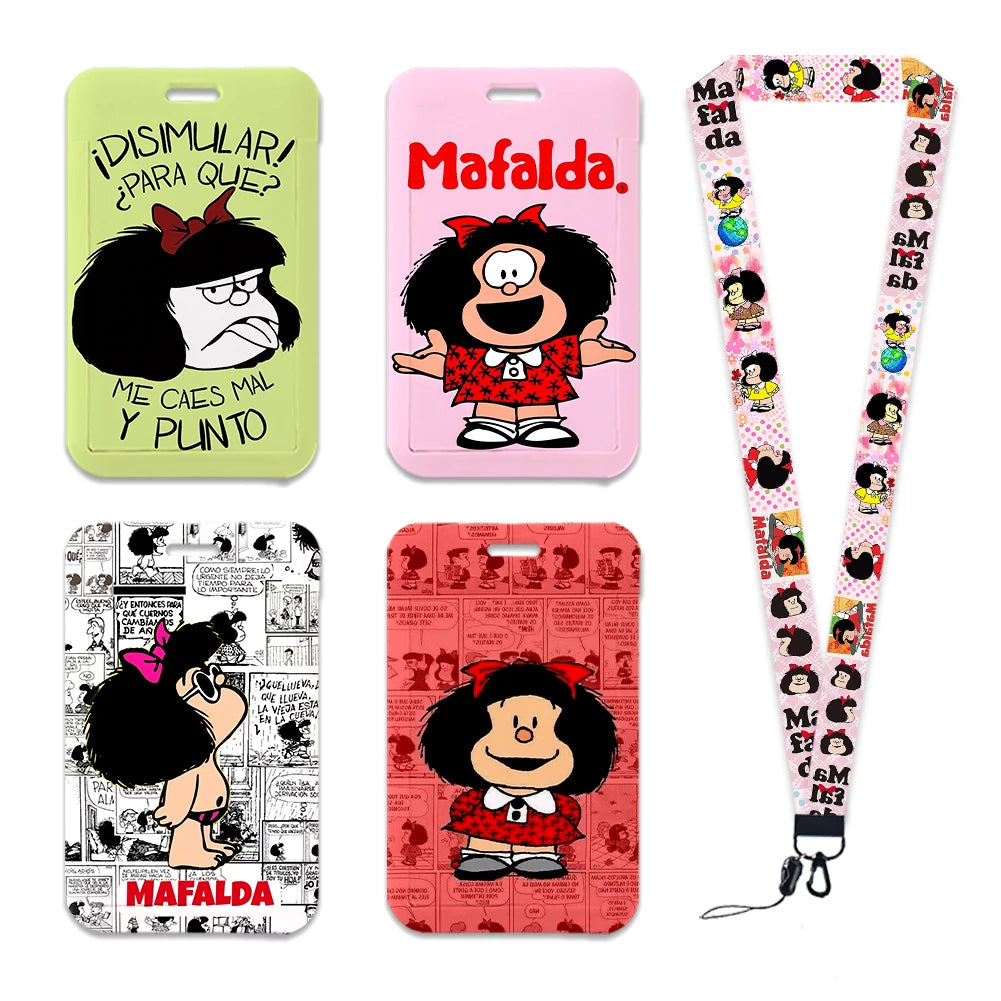 Cartoon Cute Mafalda Card Holder & Keychain for Girls | Student Badge Holder, Phone Strap, and Lanyard Pendant