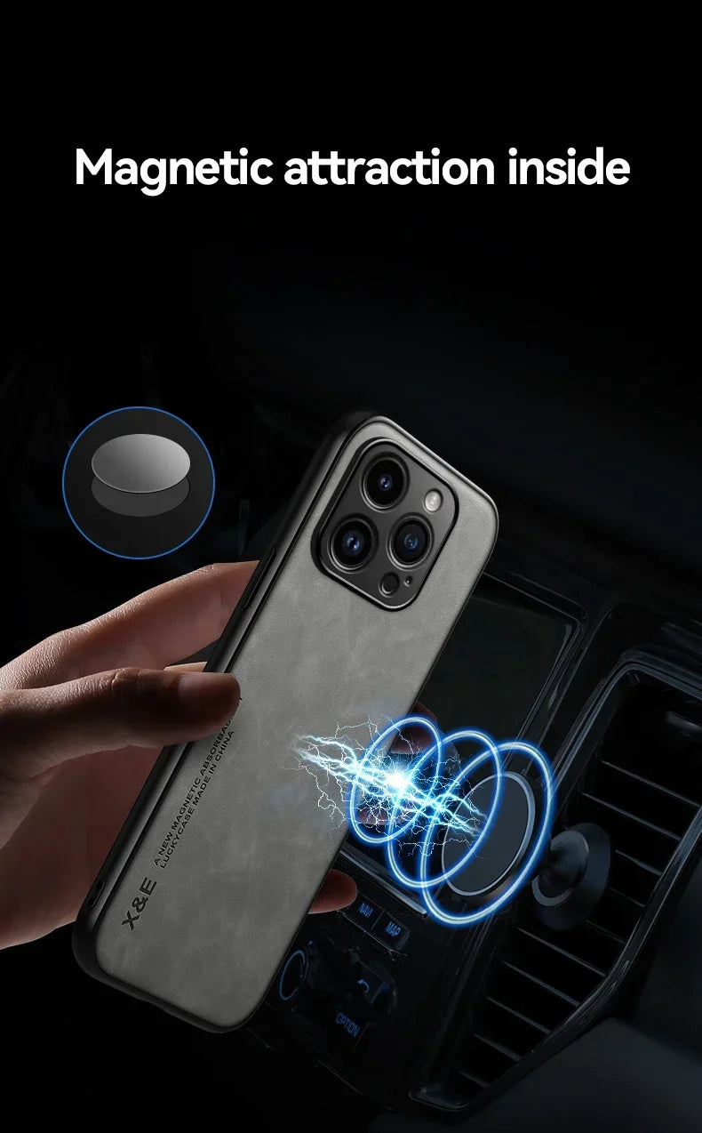Luxury Leather Case For iPhone 16 16e 15 14 13 12 11 Pro Max Plus 12 13 Cover With Metal Plate Support Car Hold