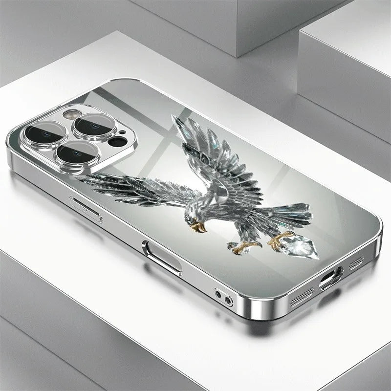 Light Luxury Crystal Eagle Pattern Glass Electroplated Phone Case For iPhone 11 12 13 14 15 16 17 Pro Max Plus 16E 17 Air Cover