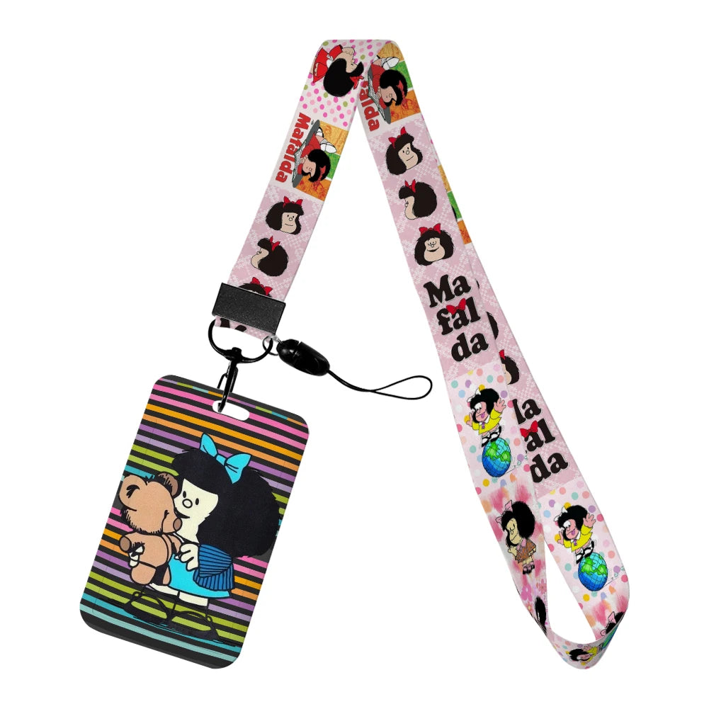 Cartoon Cute Mafalda Card Holder & Keychain for Girls | Student Badge Holder, Phone Strap, and Lanyard Pendant