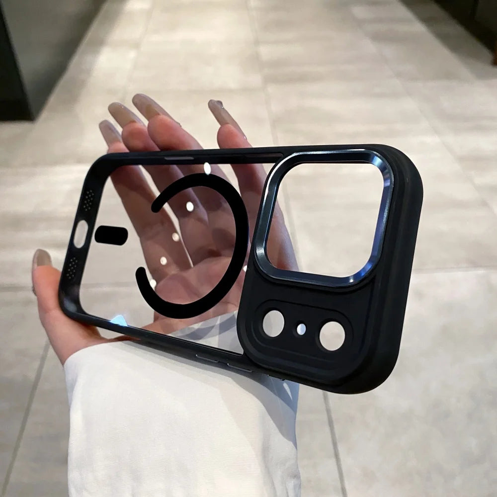 Transparent for Magsafe Armor Case for iPhone 17 16 15 14 Pro Max Plus 17 Air Magnetic Acrylic Metal Lens Shockproof Cover