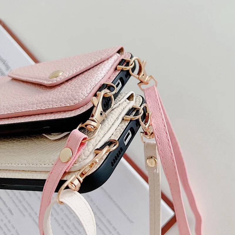 Luxury Crossbody strap lanyard wallet leather case for iPhone 16 17 16pro 15 pro card holder phone cover