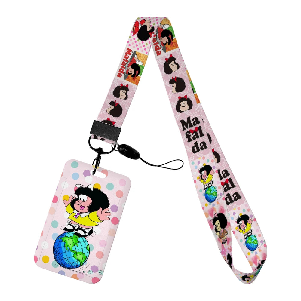 Cartoon Cute Mafalda Card Holder & Keychain for Girls | Student Badge Holder, Phone Strap, and Lanyard Pendant