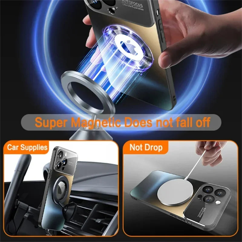 New Titanium Metallic Luxury Matte Case For iPhone 16 15 14 13 12 11 Pro Max Plus For Magsafe Glass Lens Camera Protection Cover