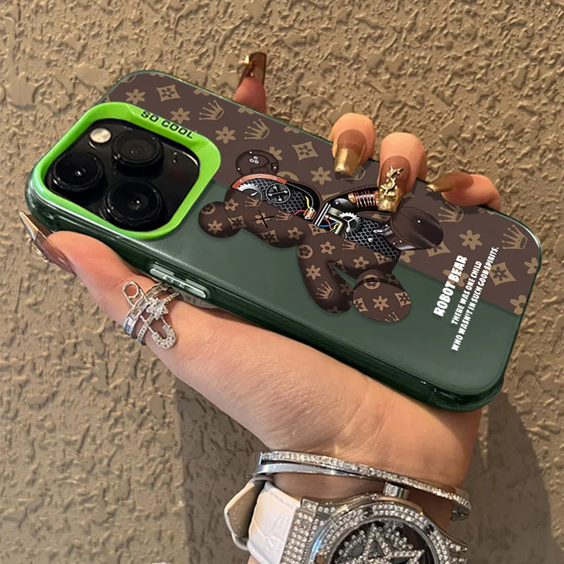 Shockproof Matte Plating Case for iPhone 13, 12, 11 Pro Max, XS, XR, X, Plus – Retro Robot Bear Hard Cover