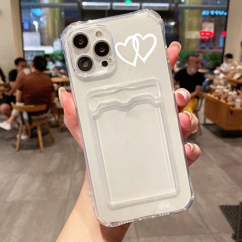 Card Holder Clear Shockproof Case for iPhone Plus, X, XR, XS, 11, 12, 13, 14, 15 Pro Max – Love Heart Graphic Soft Cover