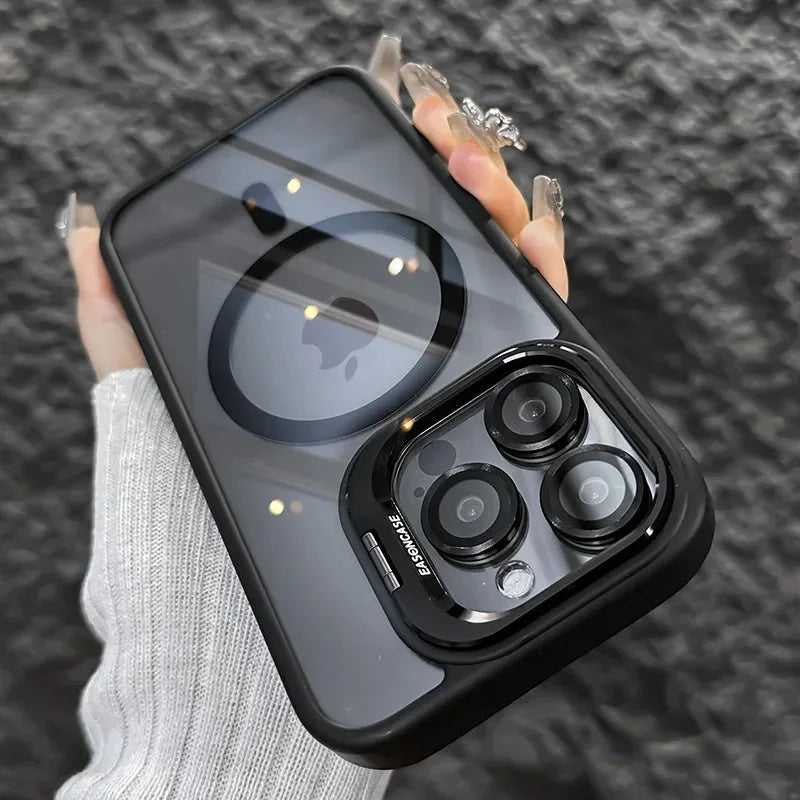 Luxury Magnetic Shockproof Phone Case For iPhone 16 15 17 Pro Max Stand Glass Lens Protector Cover