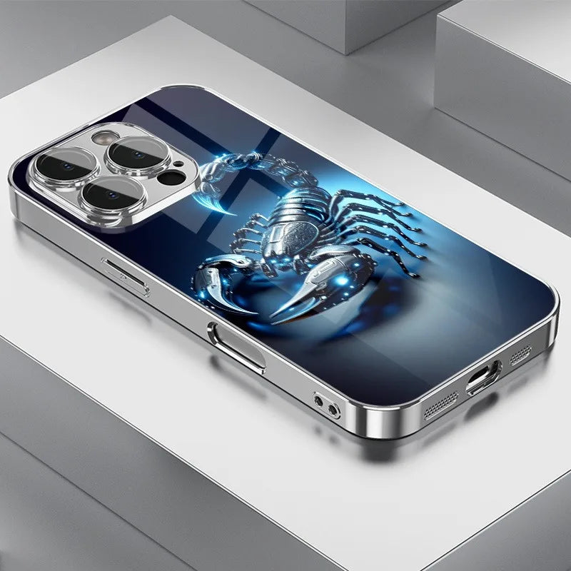 Blue Light Metallic Scorpion Pattern Glass Electroplate Phone Case For iPhone 11 12 13 14 15 16 17 Pro Max Plus 16E 17 Air Cover