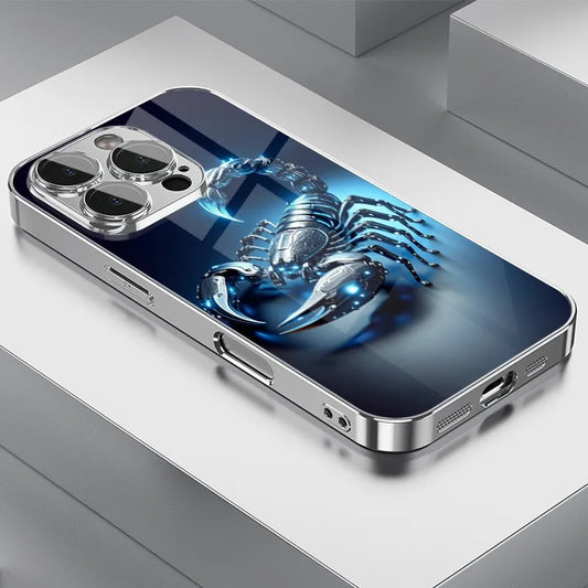 Blue Light Metallic Scorpion Pattern Glass Electroplate Phone Case For iPhone 11 12 13 14 15 16 17 Pro Max Plus 16E 17 Air Cover