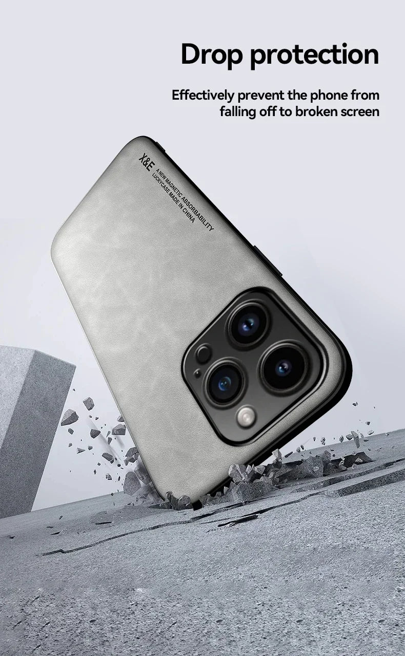 Luxury Leather Case For iPhone 16 16e 15 14 13 12 11 Pro Max Plus 12 13 Cover With Metal Plate Support Car Hold