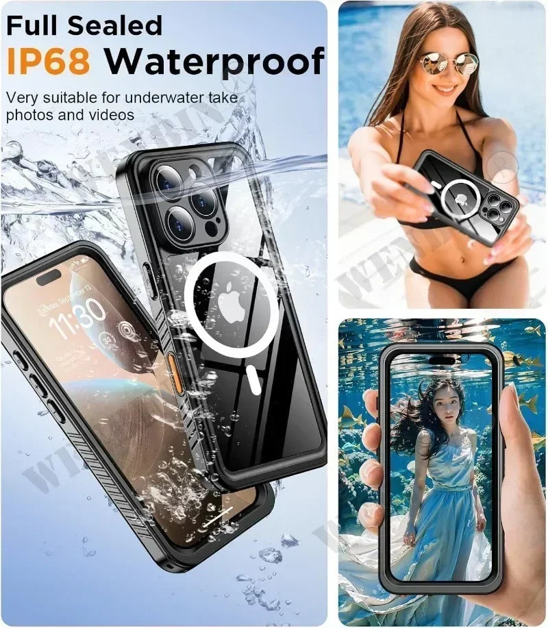 Waterproof Case For iPhone 17 16 15 Pro Max Plus Full Body Protective Cover Swim Underwater Diving Magsafe Magnetic Fundas