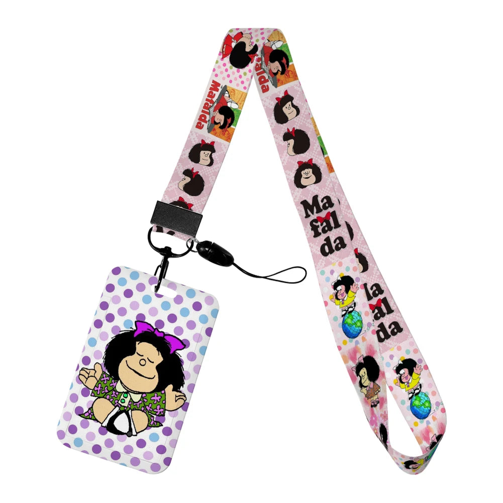 Cartoon Cute Mafalda Card Holder & Keychain for Girls | Student Badge Holder, Phone Strap, and Lanyard Pendant