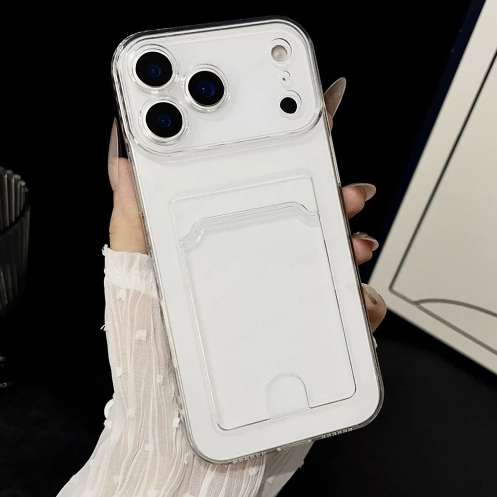 Clear Card Holder Case for iPhone 11 12 13 14 15 16 17 Plus Pro Max | Transparent Card Slot Pocket Phone Cover (Air Back Funda)