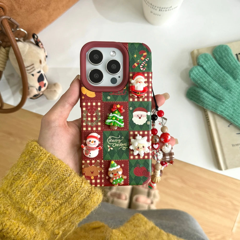 3D Christmas Elk & Santa Claus Phone Case with Lanyard for iPhone 11–17 Series | Soft Holiday Cover