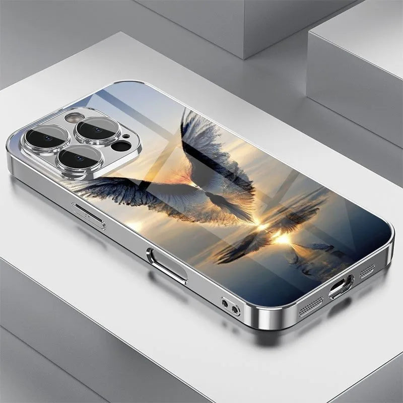 Light Luxury Crystal Eagle Pattern Glass Electroplated Phone Case For iPhone 11 12 13 14 15 16 17 Pro Max Plus 16E 17 Air Cover