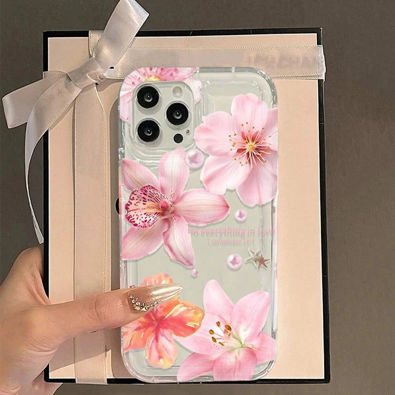 Pink Trumpet Flower Transparent Shockproof Soft TPU Phone Case For IPhone 16 Pro Max 15 14 13 12 11 XS X XR 7 8 Plus SE2020 Case