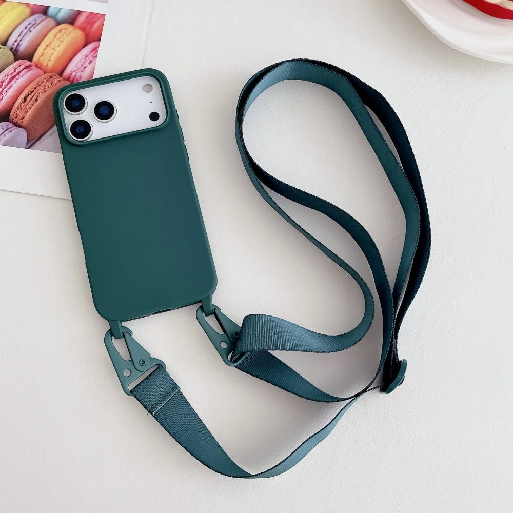 Crossbody Necklace Strap Lanyard Matte Silicone Case For iPhone 17 16 15 Pro Max Plus SE Shockproof Cover