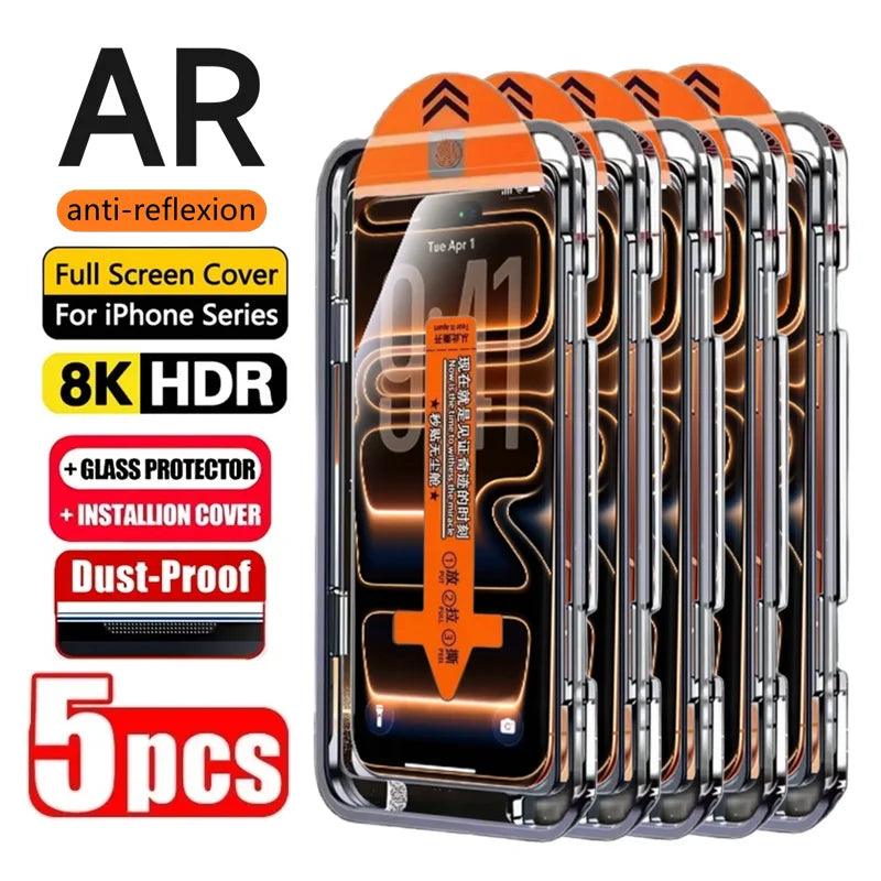 5pcs Big Arc Edge Tempered Glass – Easy Install Screen Protector for iPhone 11–17 / Air