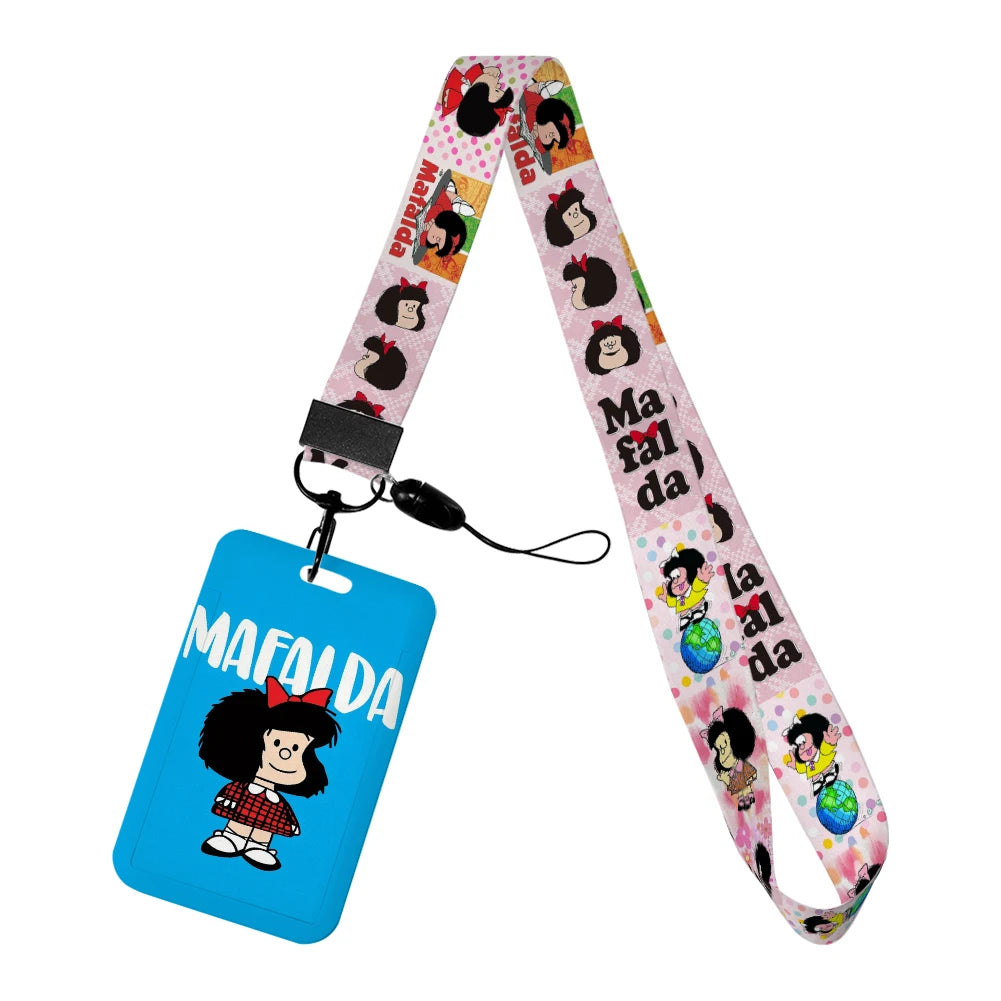 Cartoon Cute Mafalda Card Holder & Keychain for Girls | Student Badge Holder, Phone Strap, and Lanyard Pendant