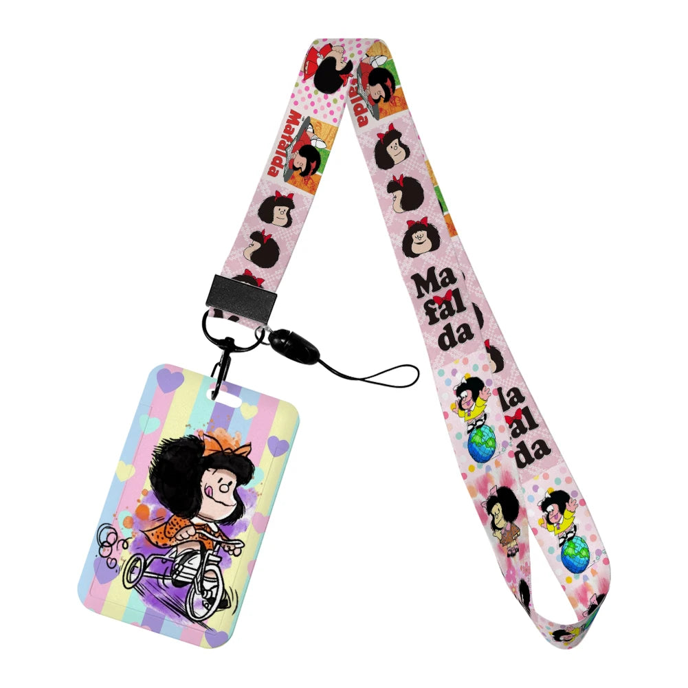 Cartoon Cute Mafalda Card Holder & Keychain for Girls | Student Badge Holder, Phone Strap, and Lanyard Pendant