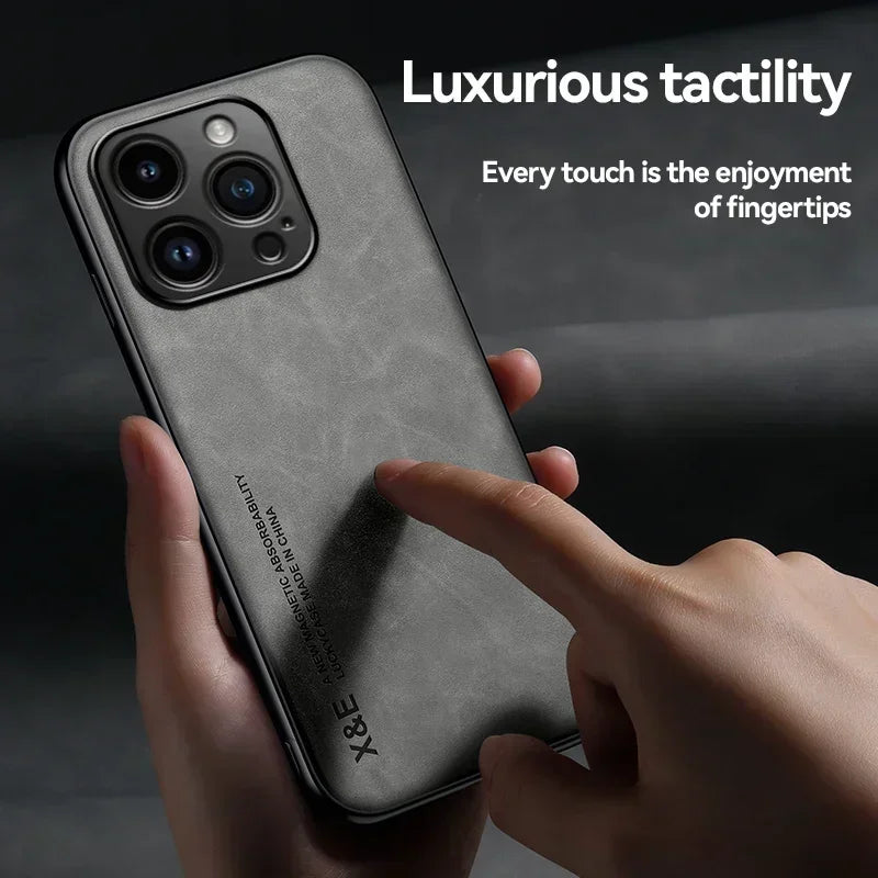 Luxury Leather Case For iPhone 16 16e 15 14 13 12 11 Pro Max Plus 12 13 Cover With Metal Plate Support Car Hold