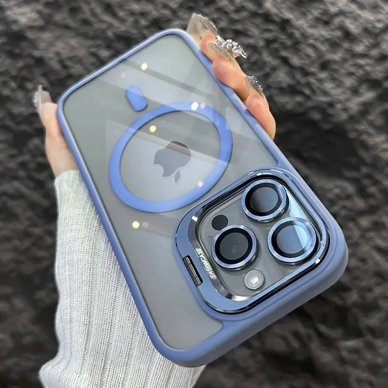 Luxury Magnetic Shockproof Phone Case For iPhone 16 15 17 Pro Max Stand Glass Lens Protector Cover