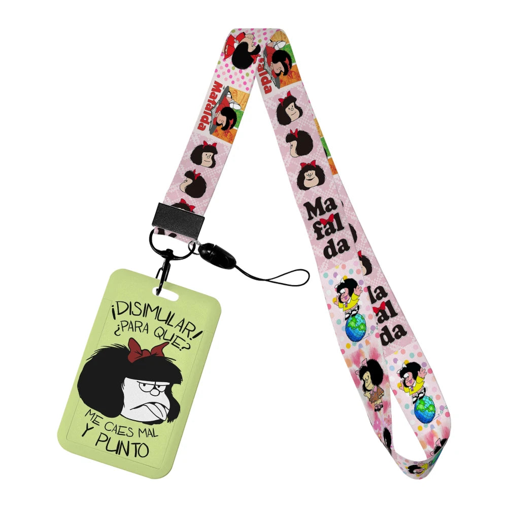Cartoon Cute Mafalda Card Holder & Keychain for Girls | Student Badge Holder, Phone Strap, and Lanyard Pendant