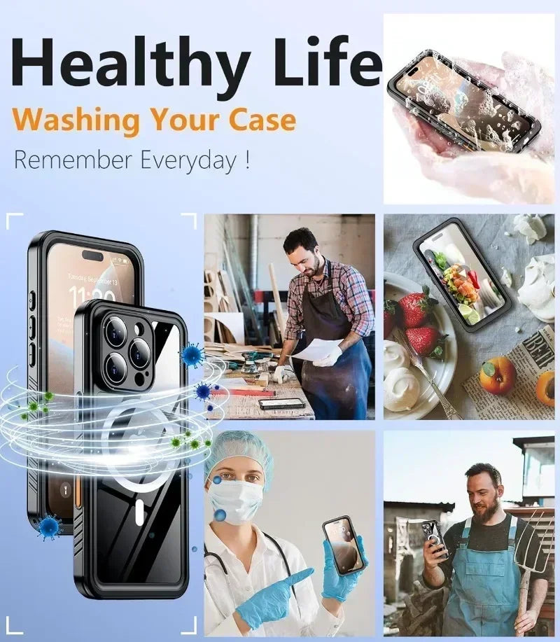 Waterproof Case For iPhone 17 16 15 Pro Max Plus Full Body Protective Cover Swim Underwater Diving Magsafe Magnetic Fundas
