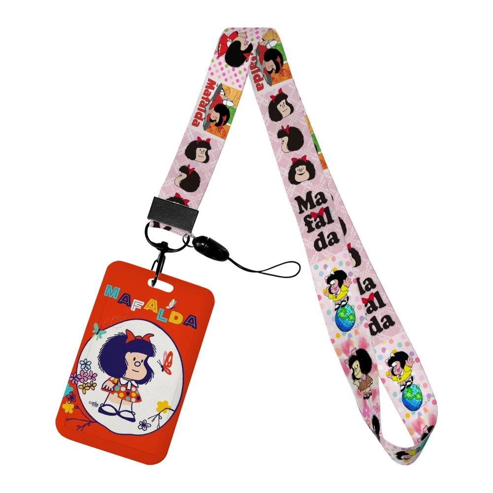 Cartoon Cute Mafalda Card Holder & Keychain for Girls | Student Badge Holder, Phone Strap, and Lanyard Pendant