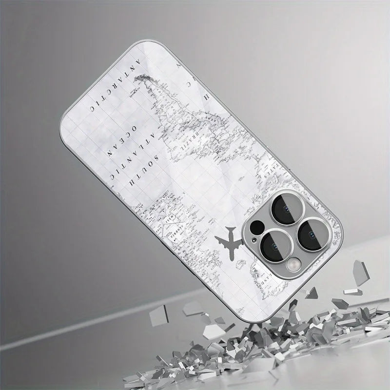 Creative Grey Map Plane Flight Print Pattern Electroplate TPU Case For iPhone 17 16 15 14 13 12 11 Pro Max Plus 17 Air Cover