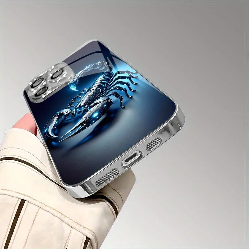 Blue Light Metallic Scorpion Pattern Glass Electroplate Phone Case For iPhone 11 12 13 14 15 16 17 Pro Max Plus 16E 17 Air Cover