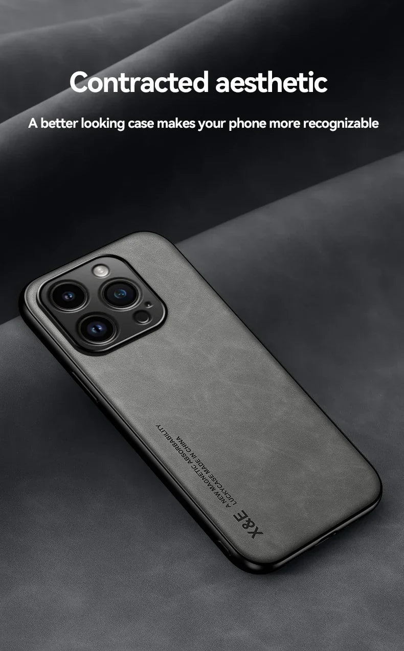 Luxury Leather Case For iPhone 16 16e 15 14 13 12 11 Pro Max Plus 12 13 Cover With Metal Plate Support Car Hold