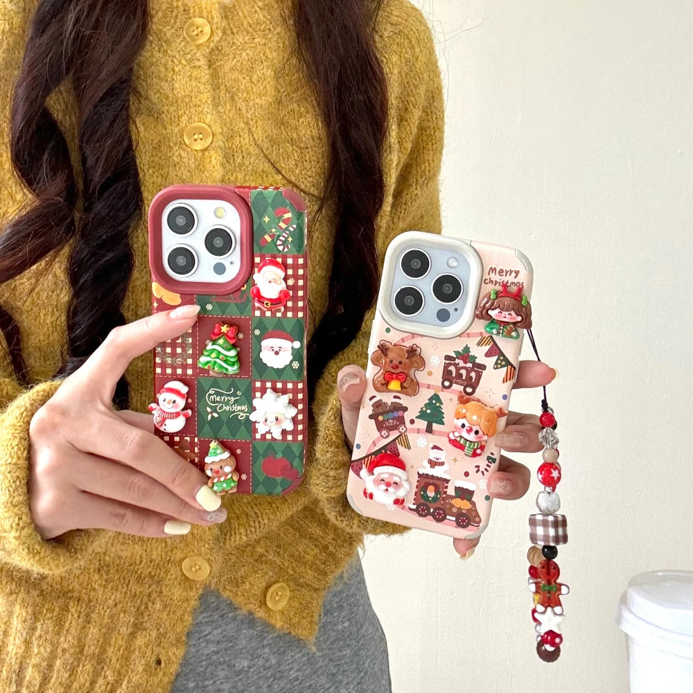 3D Christmas Elk & Santa Claus Phone Case with Lanyard for iPhone 11–17 Series | Soft Holiday Cover