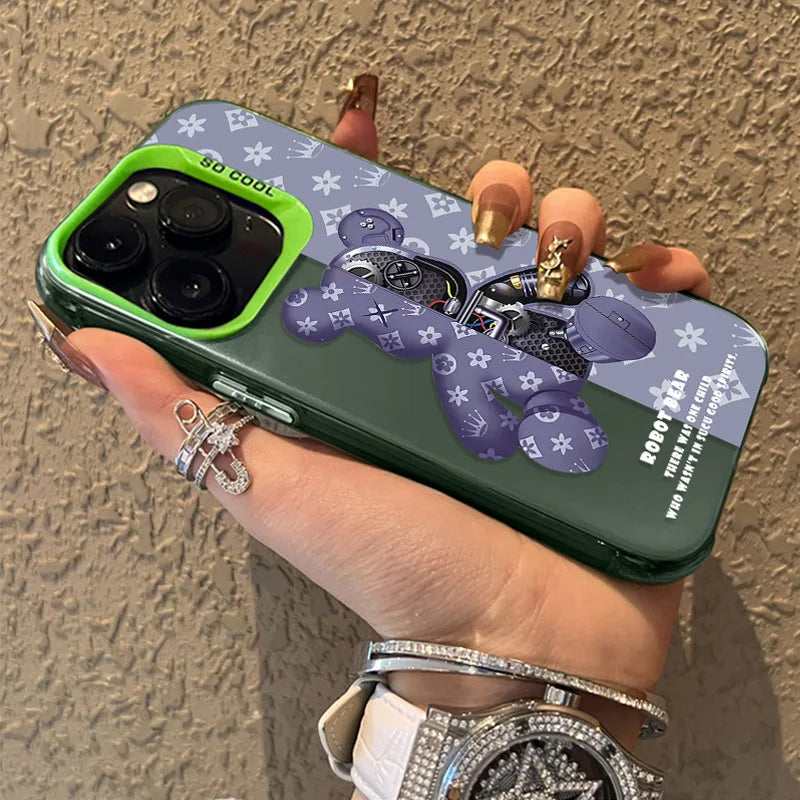 Shockproof Matte Plating Case for iPhone 13, 12, 11 Pro Max, XS, XR, X, Plus – Retro Robot Bear Hard Cover