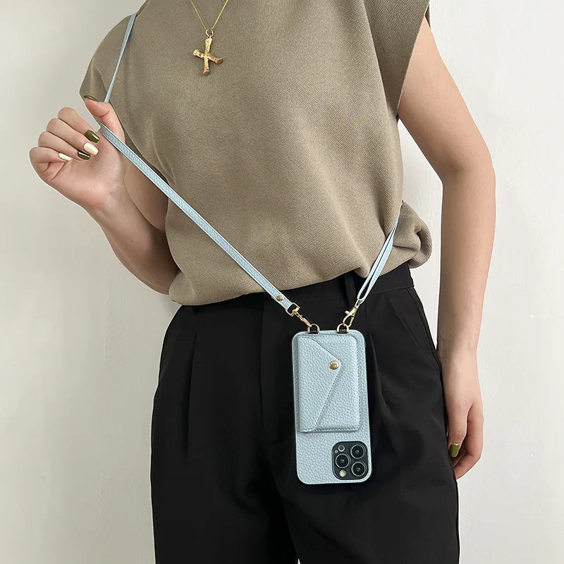 Luxury Crossbody strap lanyard wallet leather case for iPhone 16 17 16pro 15 pro card holder phone cover