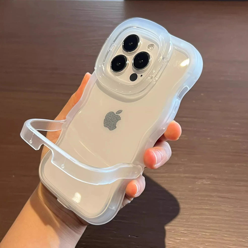 2IN1 Folding Stand Wave Clear Phone Case For iPhone 17 16 15 11 12 13 14 Pro Max Fashion 3D Curly Shockproof Protective Cover