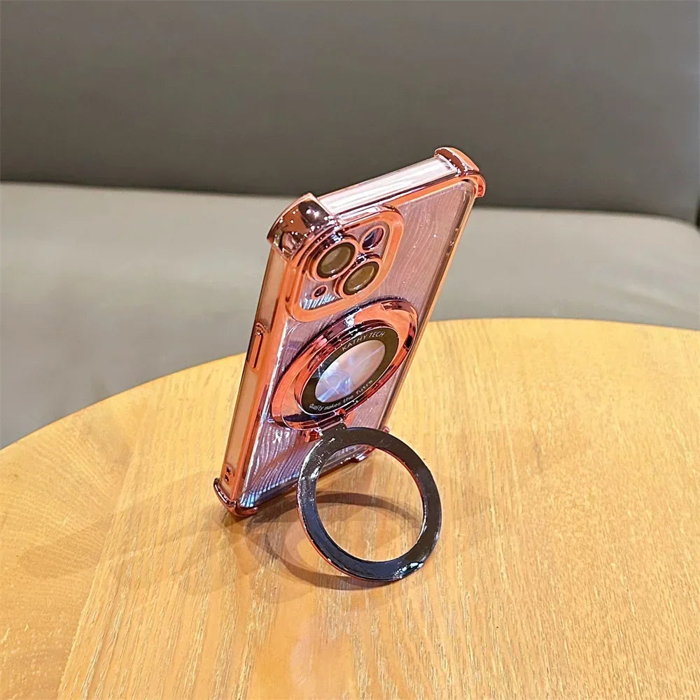 Glitter Water Ripple Magsafe Logo Hole Case For iPhone 14 15 Pro Max 13 Pro Folding Holder Cover For iPhone 16 Plus Hard Shell