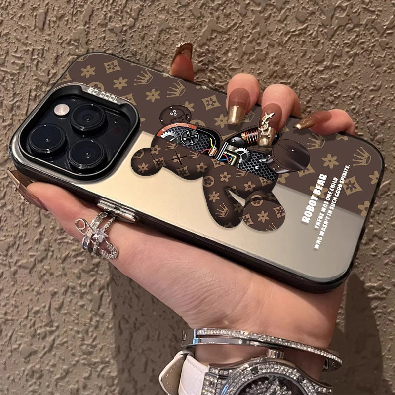 Shockproof Matte Plating Case for iPhone 16, 15, 14, Pro Max, Plus, – Retro Robot Bear Hard Cover