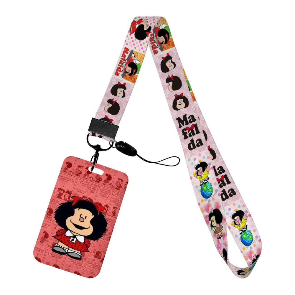 Cartoon Cute Mafalda Card Holder & Keychain for Girls | Student Badge Holder, Phone Strap, and Lanyard Pendant